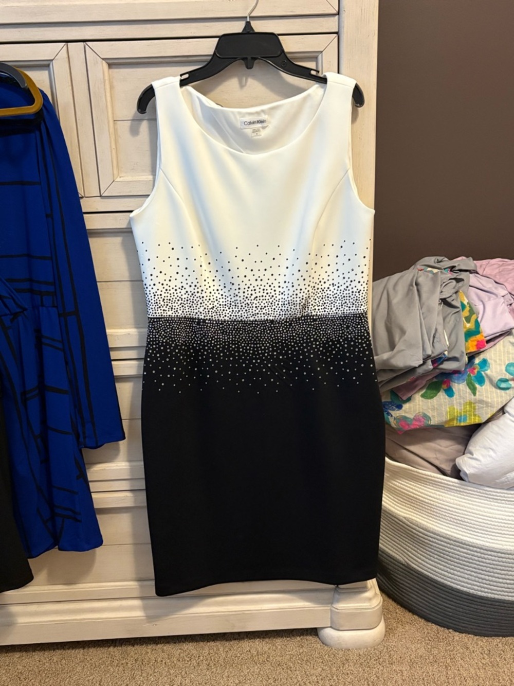 Calvin Klein Black and White Sleeveless Sheath Dress with Crystal Ombre